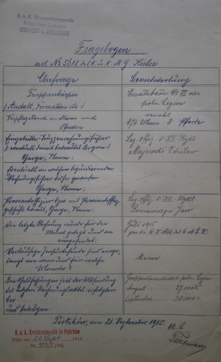 Jeden z kwestionariuszy legionistów.